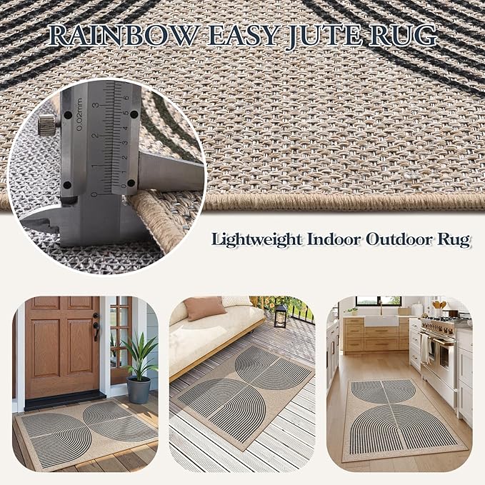 Lahome Rainbow Easy Jute Rug, 32"x48" Outdoor Mat Non Slip Door Mat Indoor Entrance, Farmhouse Neutral Lightweight Non Shedding Low Pile Throw Rug for Kitchen Entry Foyer