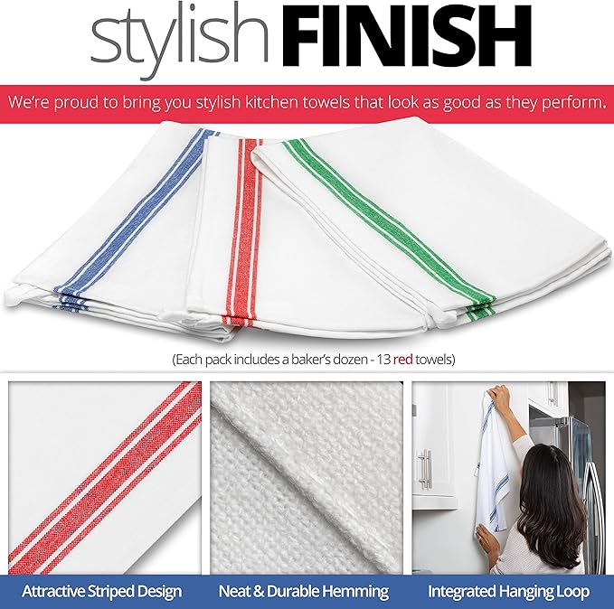 Aunti Em's Kitchen Dish Towels Set (13 Pack) Natural Cotton Fabric for Embroidery - Zero-Lint Cloth for Drying Glasses, Plates, Hand - 25.5 x 15.5 Inch (13-Pack Red Stripes)