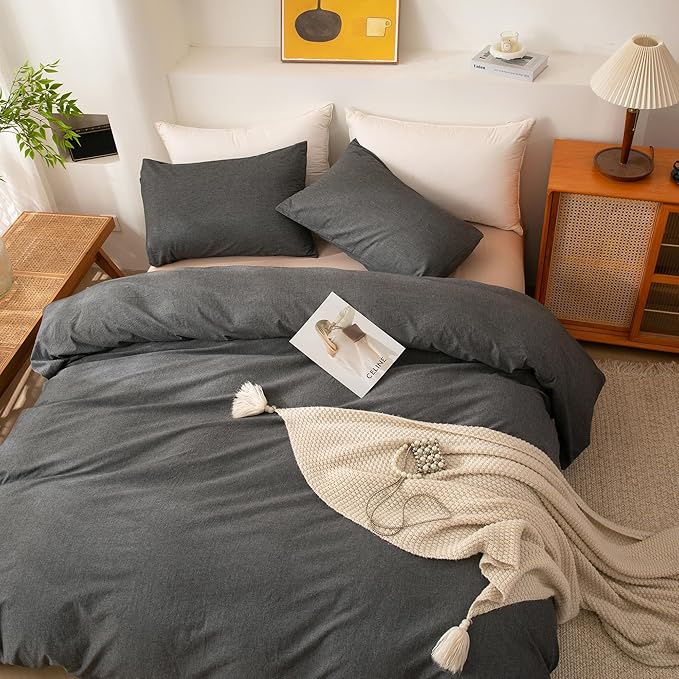 ECOCOTT Duvet Cover Set, 100% Washed Cotton Linen-Like Textured Soft & Breathable, Durable Comfy Bedding Set for All Seasons (Grey, California King)