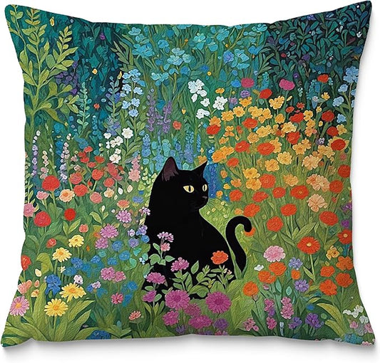 Floral Black Cat Pillow Covers 18x18, Cats Lovers Lady Gifts, Cat Mom Grandma Gifts, Cats in Colorful Wildflower Decorative Pillow Covers for Home Bedroom Living Room Office Decor