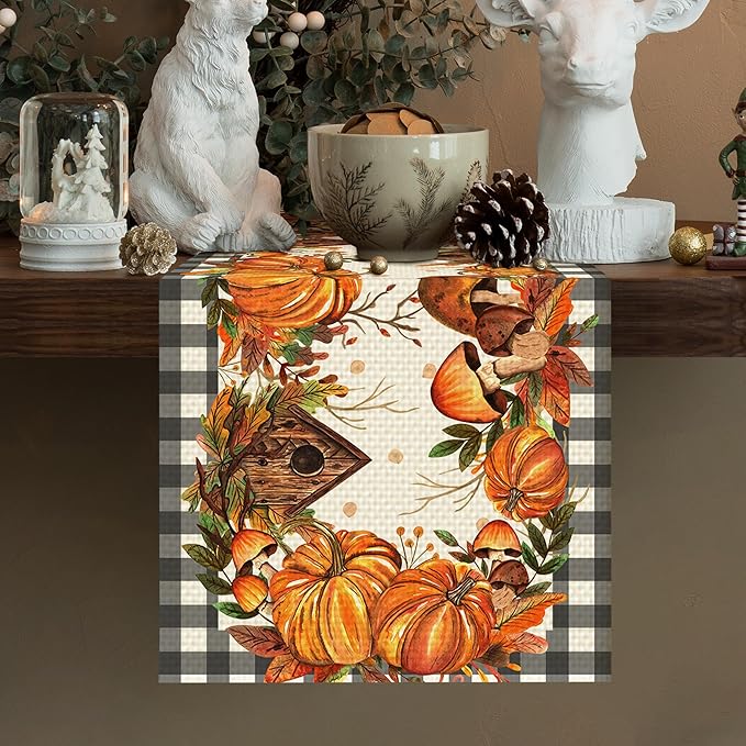 Pumpkin Burlap Table Runner Seasonal Spring Fall Kitchen Dining Linen Table Decoration for Indoor Outdoor Home Party Dinner 13x72 Inch