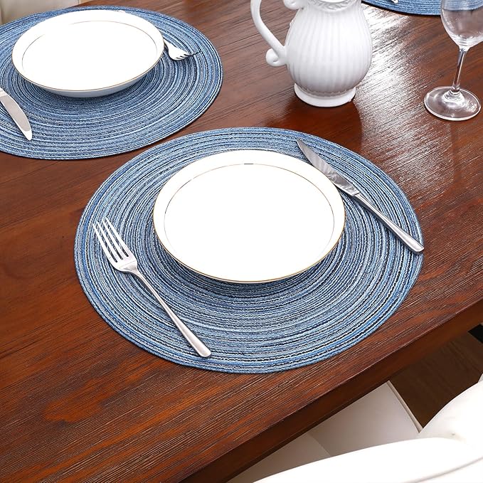 SHACOS Round Braided Placemats Set of 6 Circle Place Mats Kitchen Table Mats for Dining Table Wedding Party (Blue Gray, 6)