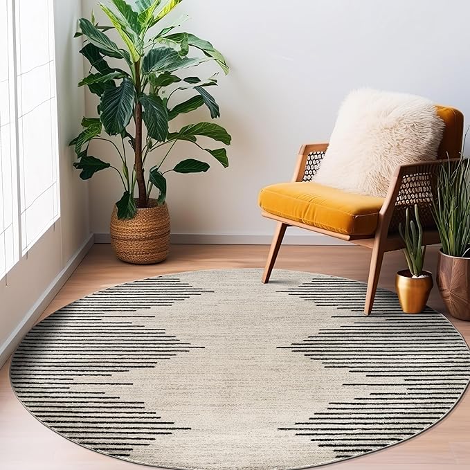 Rugshop Bohemian Stripe Stain Resistant High Traffic Living Room Kitchen Bedroom Dining Home Office Round Rug 8' Cream