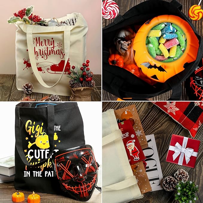 Canvas Tote Bags - 2 Pcs Multi-Purpose Reusable Bags - Perfect for Grocery, Shoppping & DIY Gifts