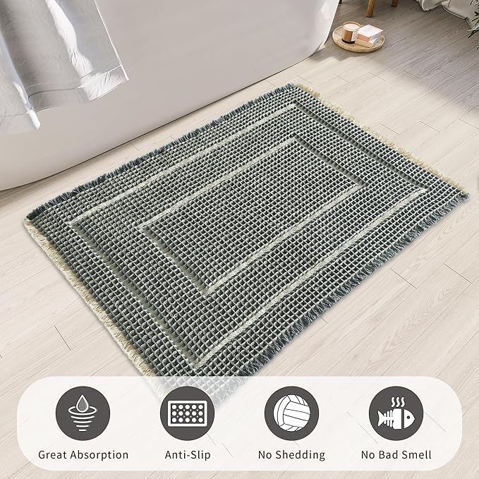 Bath Boho Floor Mat,Waffle Bath Rug,Super Absorbent Bathroom Mat,Bath Rugs Non Slip Washable, Quick Dry Shower Mats, Ultra Soft Bath Mat Towel,Bluish Grey & Yellow,18"*30"