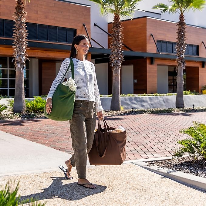 VeraMia Canvas Grocery Bag 3pc XL Set with Real Pockets, Long Shoulder Strap and Short Handle. Heavy Duty, Foldable, Washable