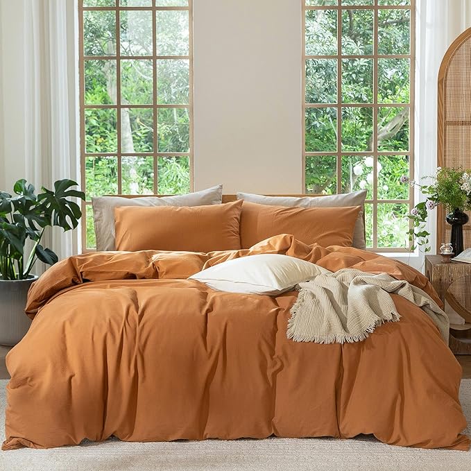MooMee Bedding Duvet Cover Set 100% Washed Cotton Linen Like Textured Breathable Durable Soft Comfy (Solid Burnt Orange, Full 80"x90")