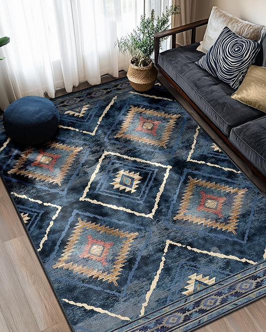 Area Rug 5x7 Rug Machine Washable Non-Slip Low Pile Print Pattern Western Rug for Living Room Bedroom Entryway Tribal Series -Darkblue