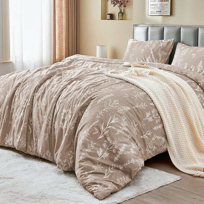 MUXHOMO Duvet Cover Queen Size, Reversible Floral Taupe Duvet Cover Set with Zipper Closure, 3 Pieces Botanical Patterns Soft Microfiber Bedding Set with 4 Ties (90"x90", 2 Pillow Cases)