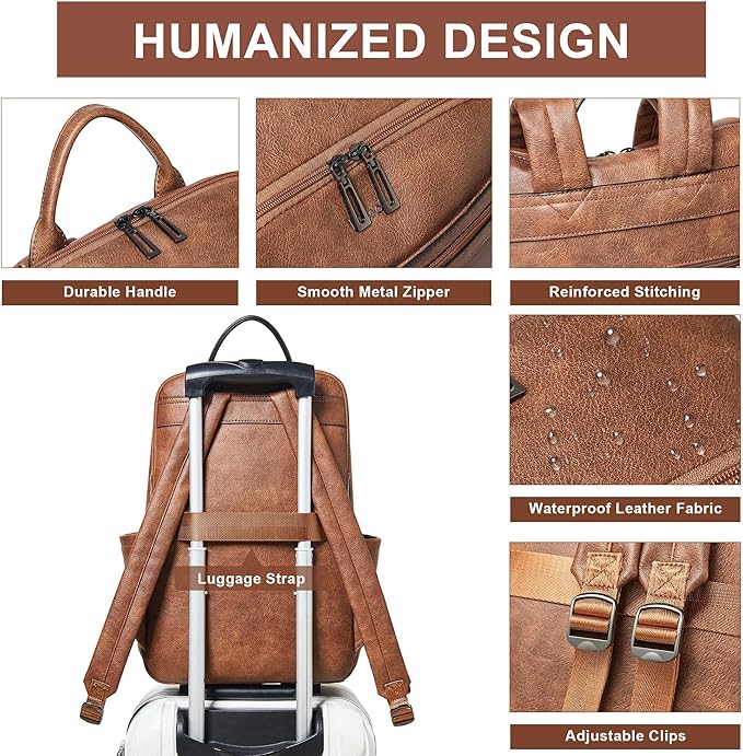 Leather Laptop Backpack for Women, 15.6" Causal Daypack Backpacks Purse Computer Backpack with Laptop Compartment for Travel Work College Business, Brown