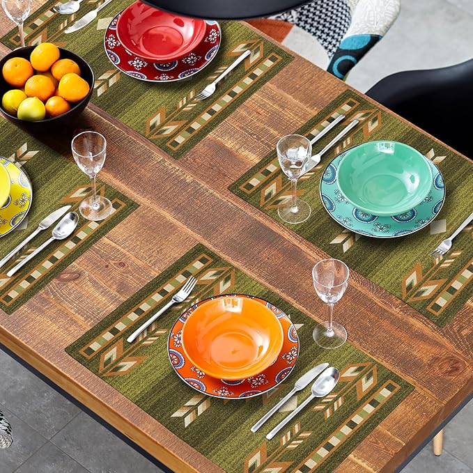 Giwawa Southwestern Placemats Set of 4 Rustic Green Tribal Geometric Decorative Table Mat Antique Native American Heat Resistant Washable Place Mats 12x18Inch for Dining Kitchen Farmhouse Decor