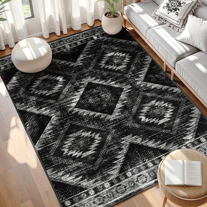 Area Rug 5x7 Rug Machine Washable Non-Slip Low Pile Print Pattern Western Rug for Living Room Bedroom Entryway Tribal Series -Black