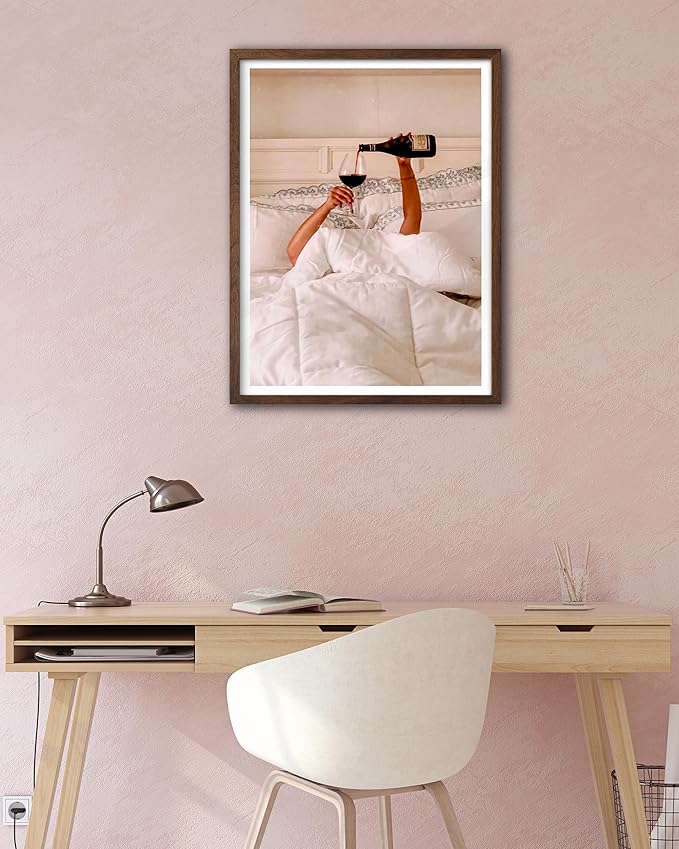 EcoHest Woman Drinking Wine in Bed Framed Wall Art Walnut Color, 12x16 in OAK Wood Feminist Alcohol Canvas Art, Trendy Teen Girl Bar Cart Print College Room Decor Set of 1 For Bedroom Living Room
