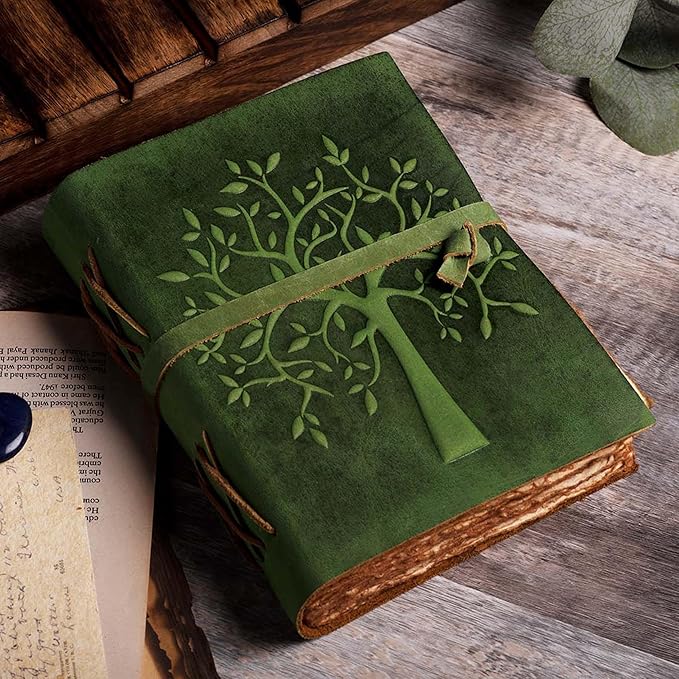 LEATHER VILLAGE Tree of Life Journal - 6 X 4 (A6) inches - Green - 200 Antique Deckle Edge Handmade Paper – Book of Shadows - Vintage Leather Bound Journal for Women & Men