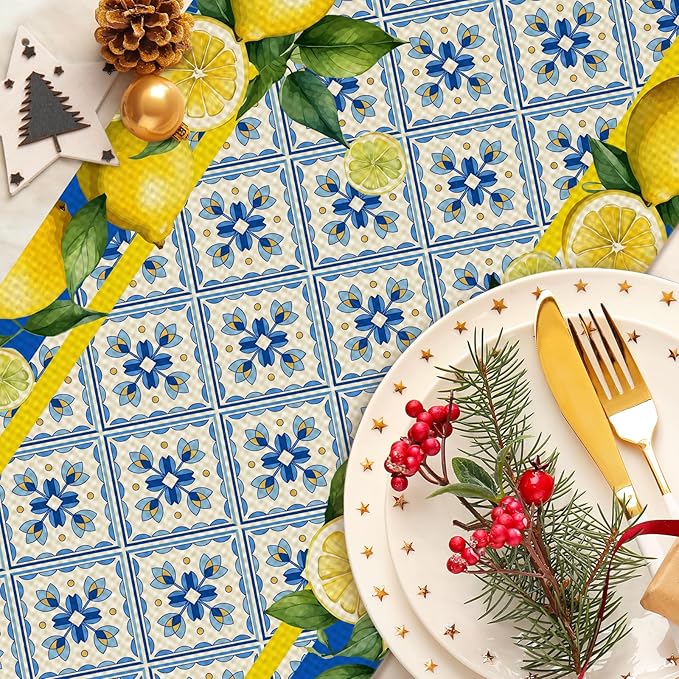 Lemon Burlap Table Runner Seasonal Spring Fall Kitchen Dining Linen Table Decoration for Indoor Outdoor Home Party Dinner 13x72 Inch