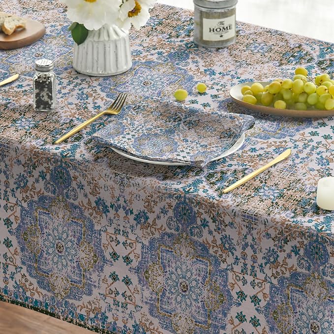 Horaldaily Boho Bohemia Style Tablecloth 60×60 Inch Square, Blue Vintage Country Rustic Farmhouse Magical Fall Orange Washable Seasonal Table Cover for Party Picnic Dinner Decor