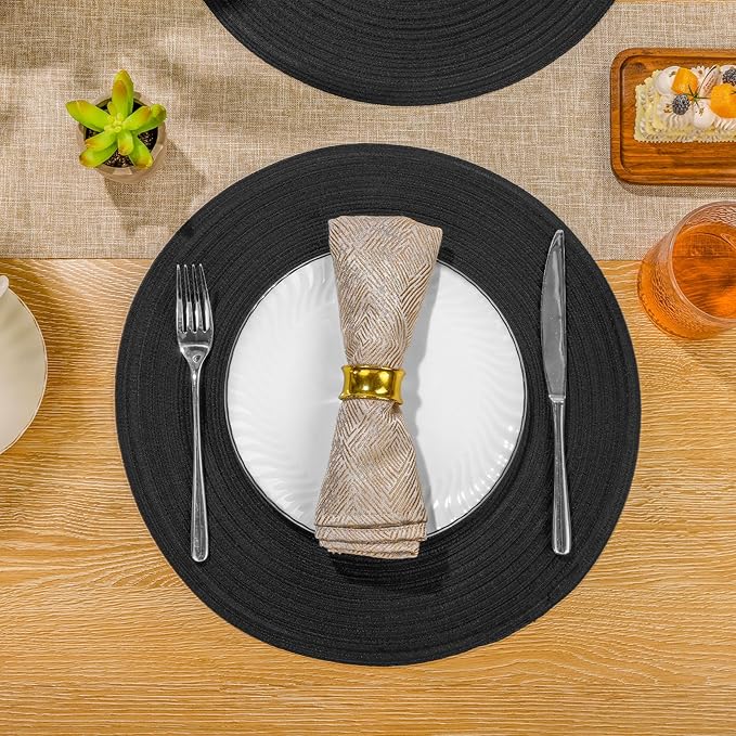 SHACOS Round Braided Placemats Set of 6 Cotton Polyester Heavy Duty 15 inch Round Table Mats Washable Heat Resistant Place Mats (Black, 6)