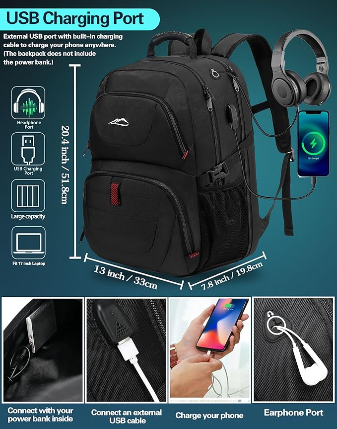 ProEtrade Travel Backpack, Extra Large Laptop Backpack School Business Anti Theft TSA Approved College Work Computer Bag Fits 17 Inch Laptop with USB Charging Port Bookbag for Women Men(Black)