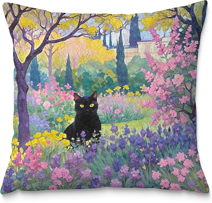 Spring Garden Black Cat Pillow Covers 18x18, Cats Lovers Lady Gifts, Cat Mom Grandma Gifts, Vintage Floral Cats Decorative Pillow Covers for Home Bedroom Living Room Office Decor