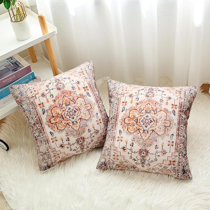 Boho Throw Pillow Covers 22x22 inch Set of 2,Boho Vintage Carpet Pattern Antique Ethnic Decor Double Sided Pattern Cushion Cover Soft Pillow Case Living Sofa Room Bed Square Pillow Cover