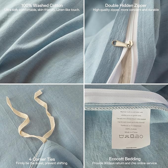 ECOCOTT Haze Blue Duvet Cover King Size, 3 Piece 100% Washed Cotton 1 Duvet Cover with Zipper and 2 Pillowcases, Ultra Soft and Easy Care Breathable Cozy Bedding Set (Haze Blue,King)