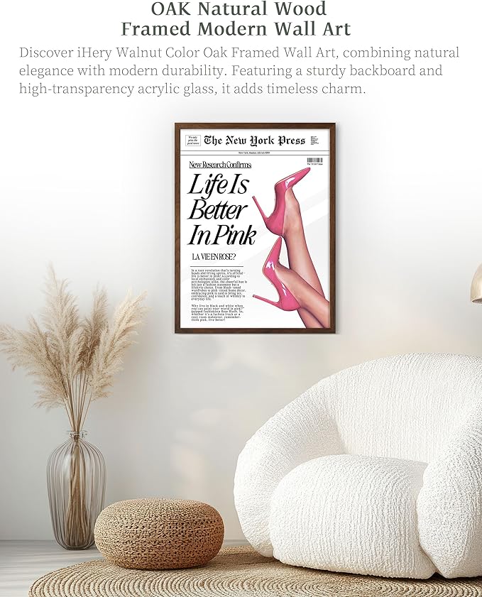 iHery Natural OAK Wood Retro Baby Pink News Walnut Color Framed Wall Art, 12x16 in Life Is Better In Pink Canvas Wall Decor, Modern Trendy Newspaper Art For Bedroom Bathroom Living Room 1Pack