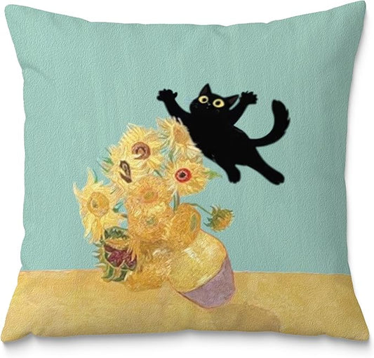 Floral Black Cat Pillow Covers 18x18, Cats Lovers Mom Grandma Gifts for Mother's Day, Funny Van Gogh Sunflower Black Cat Art Pillow Covers for Home Bedroom Living Room Office Decor