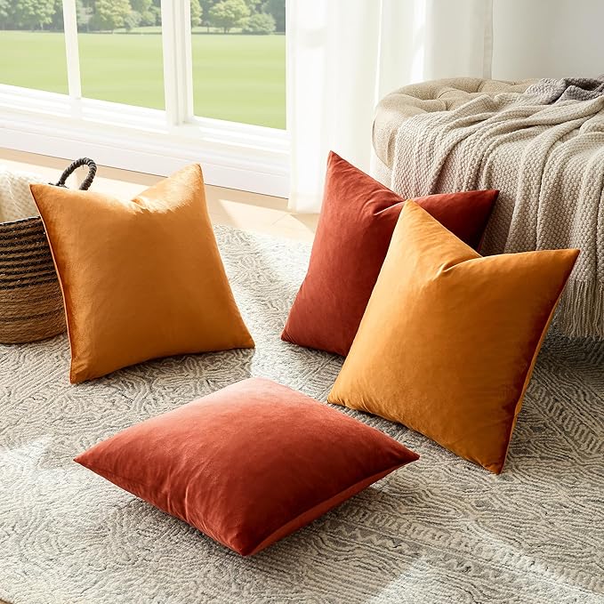 GIGIZAZA Velvet Pillow Covers 20x20,Burnt Orange Soft Throw Pillow Covers Set of 4 Square Decorative Modern Pillows Covers for Living Room