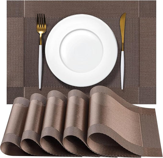 Placemats Set of 8 - Easy Clean Woven Vinyl Placemats for Dining Table, Indoor/Outdoor Place Mats, Washable PVC Table Mats（Brown Cube）
