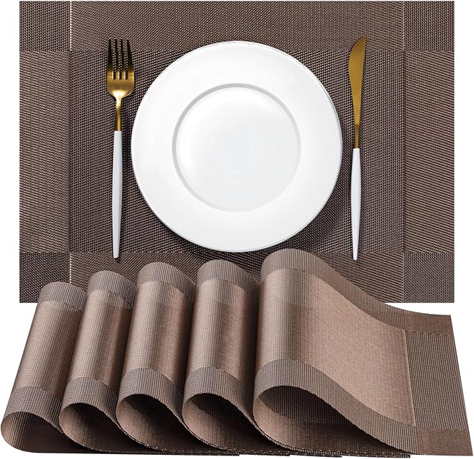 Placemats Set of 4 - Easy Clean Woven Vinyl Placemats for Dining Table, Indoor/Outdoor Place Mats, Washable PVC Table Mats（Brown Cube）