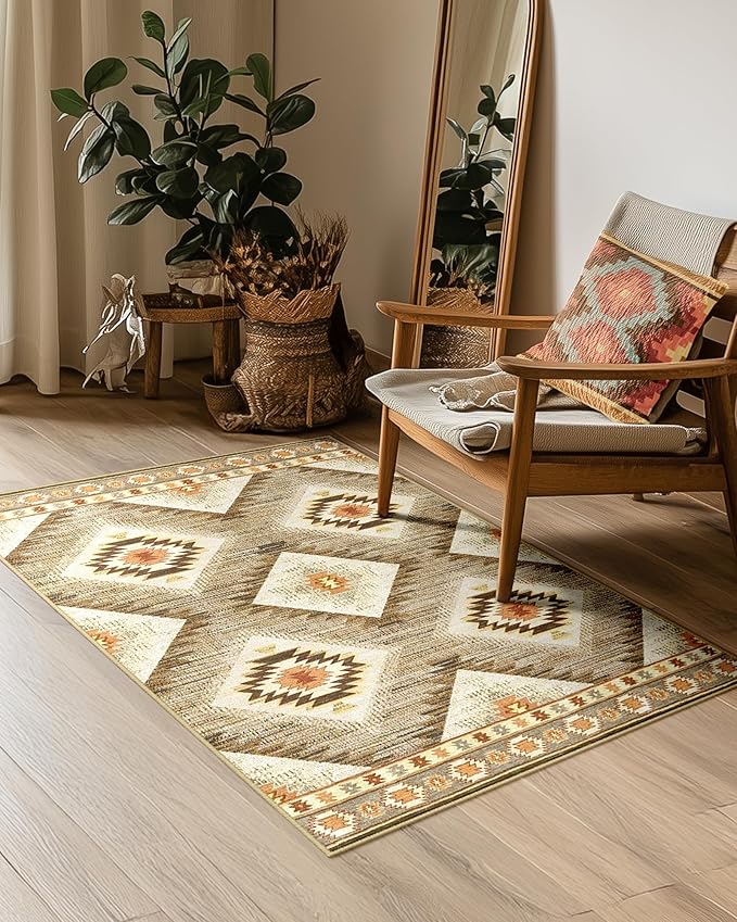 Area Rug 3x5 Rug Machine Washable Non-Slip Low Pile Print Pattern Western Rug for Living Room Bedroom Entryway Tribal Series -Cream/Camel