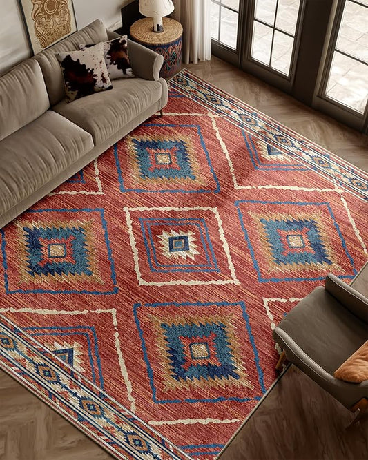 Area Rug 8x10 Rug Machine Washable Non-Slip Low Pile Print Pattern Western Rug for Living Room Bedroom Entryway Tribal Series -Red/Orange