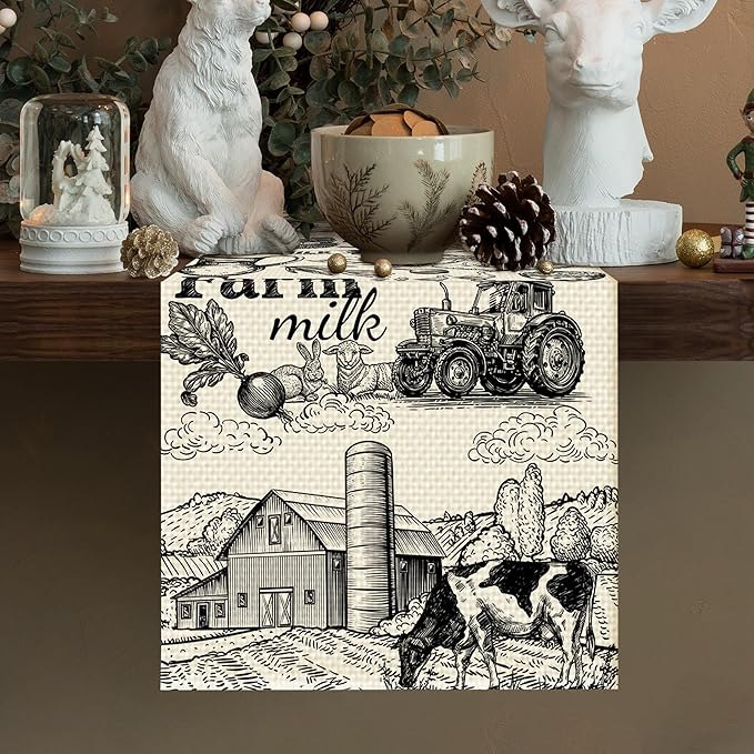 Farm Burlap Table Runner Seasonal Spring Fall Kitchen Dining Linen Table Decoration for Indoor Outdoor Home Party Dinner 13x72 Inch