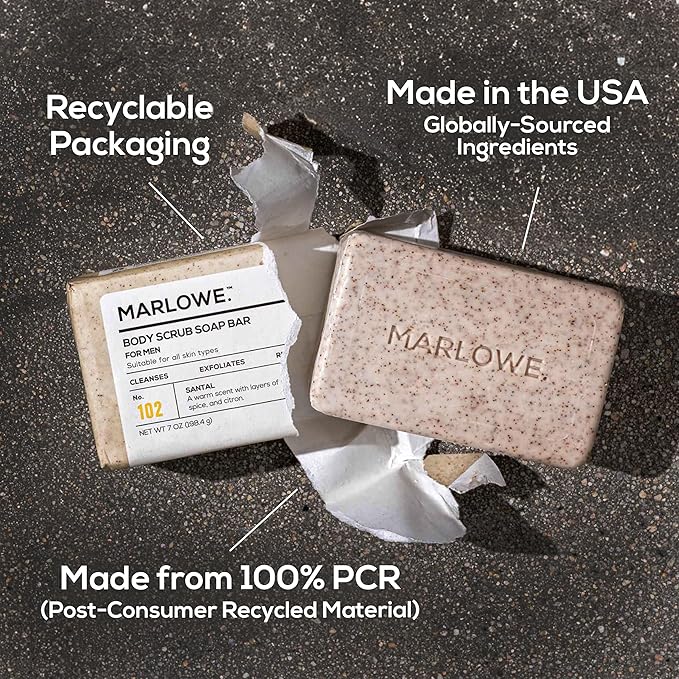MARLOWE. No. 102 Body Scrub Soap 7 oz (12 Bars), Santal, Exfoliating Soap Bar with Shea Butter, Olive Oil & Green Tea Extracts, Cleanses, Smooths & Revitalizes Skin, Warm Amber, Spice & Citron Scent