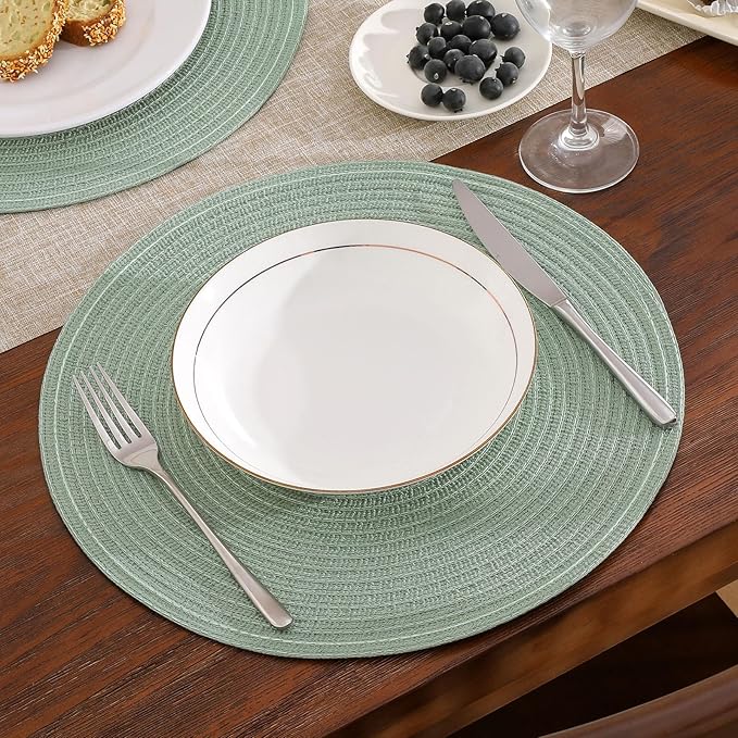 SHACOS Round Placemats Set of 4 Woven Braided Table Placemats 15 inch Cotton Polyester Place Mats Washable Table Mats Indoor Outdoor, Sage Green