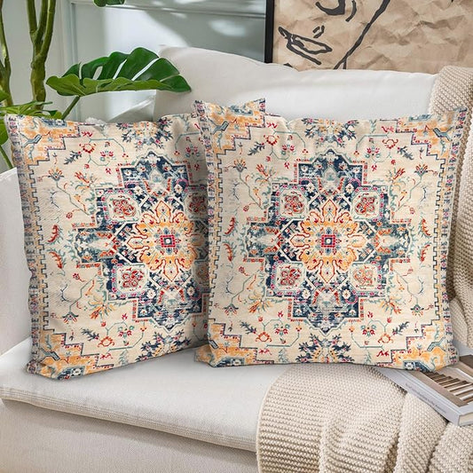 Boho Throw Pillow Covers 18x18 inch Set of 2,Bohemian Vintage Carpet Pattern Antique Ethnic Decor Double Sided Pattern Cushion Cover Soft Pillow Case Living Sofa Room Bed Square Pillow Cover