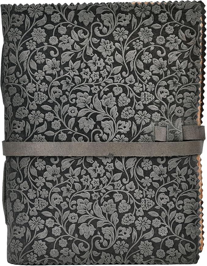 LEATHER VILLAGE Leather Bound Floral Embossed Journal for Women Men - 200 Pages, 8”X6”(A5), Black - Book of Shadows, Vintage Blank Paper Travel Diary, Notebook for Writing, Drawing, Sketchbook