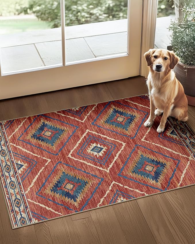 Area Rug 2x3 Rug Machine Washable Non-Slip Low Pile Print Pattern Western Rug for Living Room Bedroom Entryway Tribal Series -Red/Orange