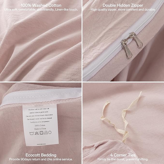 ECOCOTT Duvet Cover Set, 100% Washed Cotton Linen-Like Textured Soft & Breathable, Durable Comfy Bedding Set for All Seasons (Greyish Pink, California King)