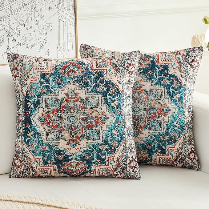Boho Throw Pillow Covers 18x18 inch Set of 2,Boho Vintage Carpet Pattern Antique Ethnic Decor Double Sided Pattern Cushion Cover Soft Pillow Case Living Sofa Room Bed Square Pillow Cover
