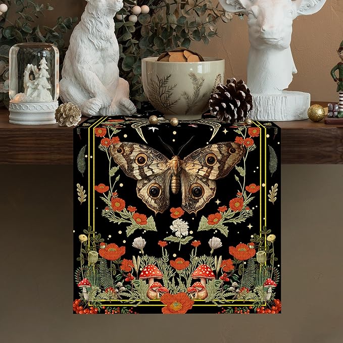 Moth Burlap Table Runner Seasonal Spring Fall Kitchen Dining Linen Table Decoration for Indoor Outdoor Home Party Dinner 13x72 Inch