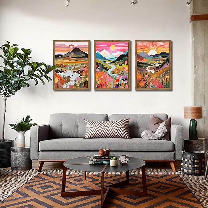 Wood Framed Boho Colorful Landscape Canvas Wall Art Set of 3 - Abstract Mountain Wall Decor Paintings, Nature Floral Poster Prints Aesthetic Home Decor for Living Room Bathroom Bedroom 12x16 inch