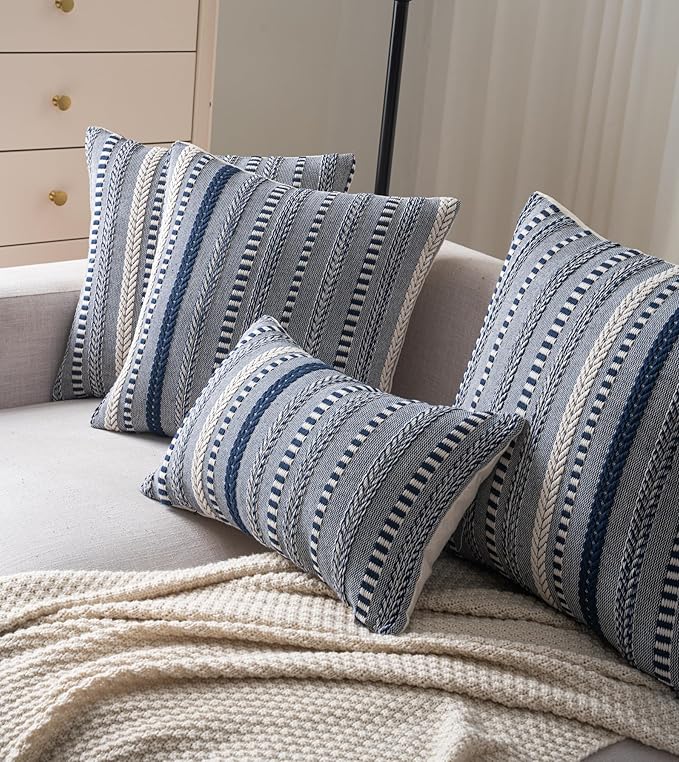 Boho Throw Pillow Covers 20x20 Inch Set of 2, Farmhouse Decorative Couch Pillow Cases, Navy Blue Accent Pillows of Bed, Sofa Bedroom Living Room Home Decor Cushion Cover
