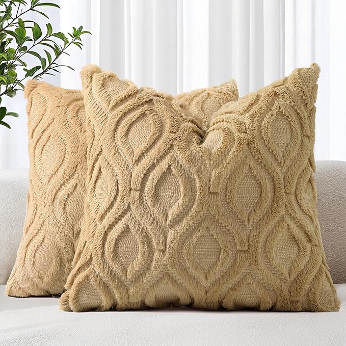decorUhome Throw Pillow Covers 24x24 Inch Set of 2, Soft Plush Decorative Faux Fur Light Brown Solid Couch Pillow Covers, Accent Farmhouse Neutral Square Euro Pillow Cases for Sofa Bed Living Room