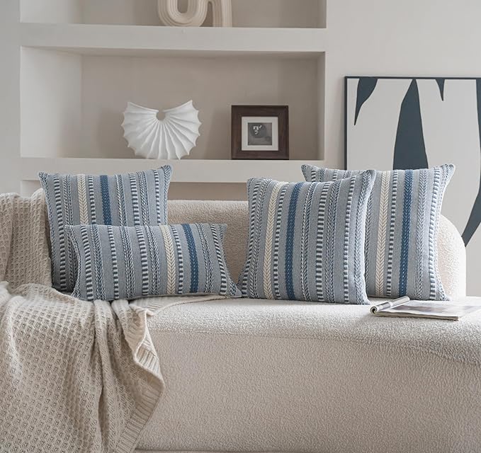 Boho Throw Pillow Covers 22x22 Inch Set of 2, Farmhouse Decorative Couch Pillow Cases, Blue Accent Pillows of Bed, Sofa Bedroom Living Room Home Decor Cushion Cover