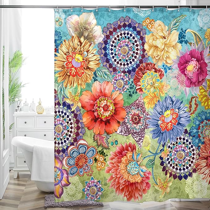 Bohemian Bathroom Curtain Colorful Boho Floral Print Beautiful Bright Polyester Fabric Cloth Shower Curtain for Bathroom Decoration, 72"x72"