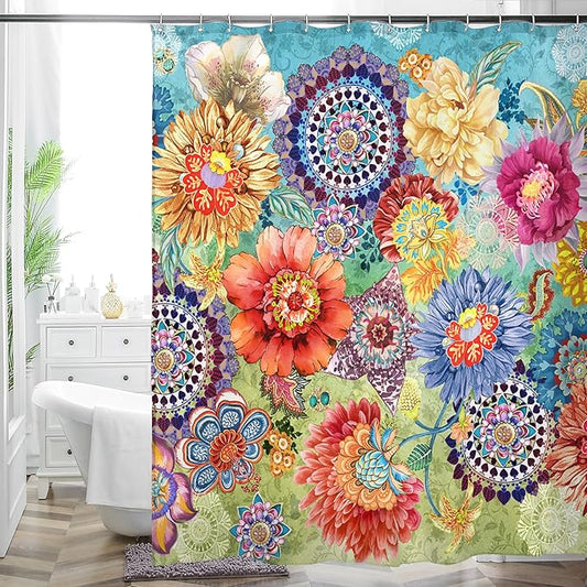 Bohemian Bathroom Curtain Colorful Boho Floral Print Beautiful Bright Polyester Fabric Cloth Shower Curtain for Bathroom Decoration, 72"x72"