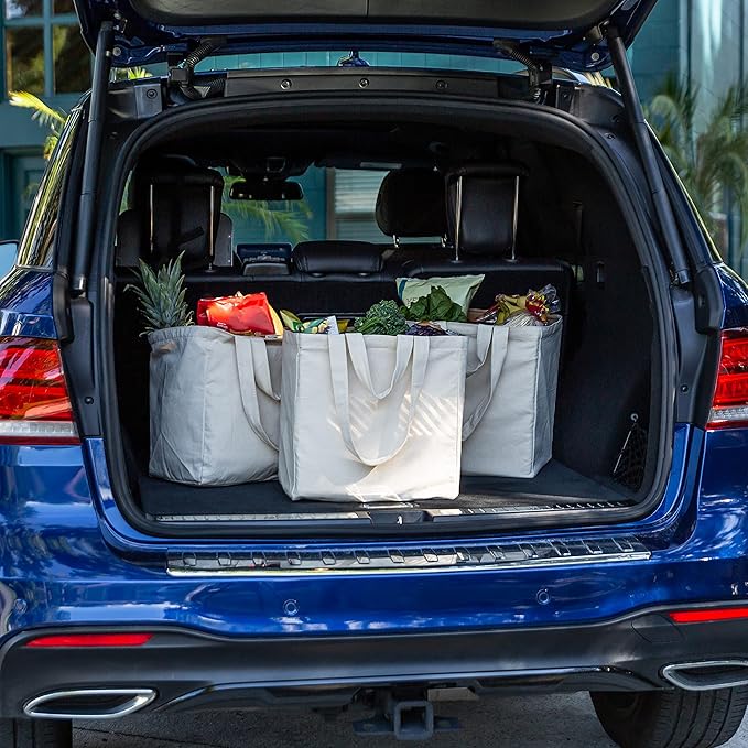 VeraMia Canvas Grocery Bag 3pc XL Set with Real Pockets, Long Shoulder Strap and Short Handle. Heavy Duty, Foldable, Washable