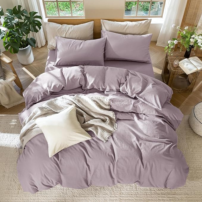 MooMee Bedding Duvet Cover Set 100% Washed Cotton Linen Like Textured Breathable Durable Soft Comfy (Solid Taro Purple, Oversized Queen 98"x98")