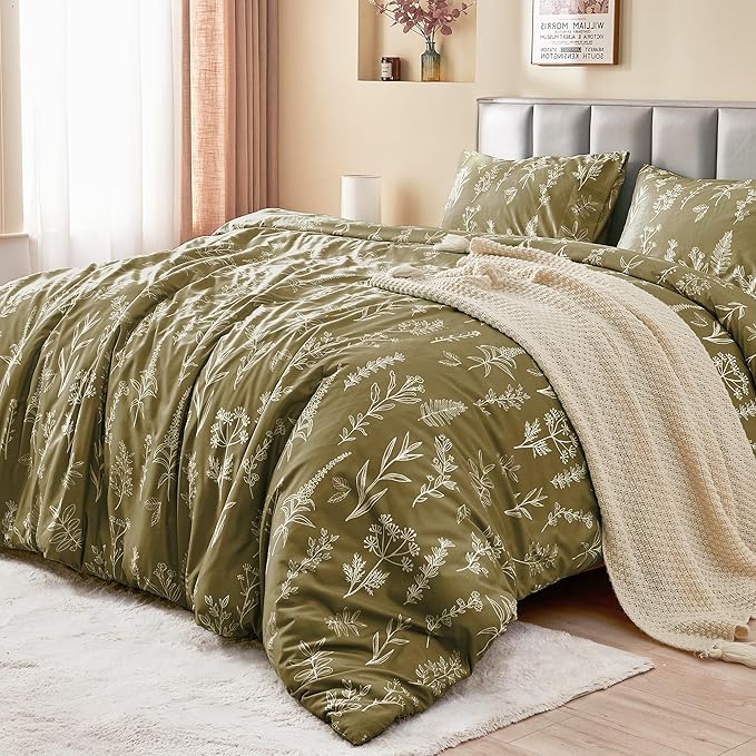 MUXHOMO Duvet Cover Full Size, Reversible Floral Olive Green Duvet Cover Set with Zipper Closure, 3 Pieces Botanical Patterns Soft Microfiber Bedding Set with 4 Ties (80"x90", 2 Pillow Cases)